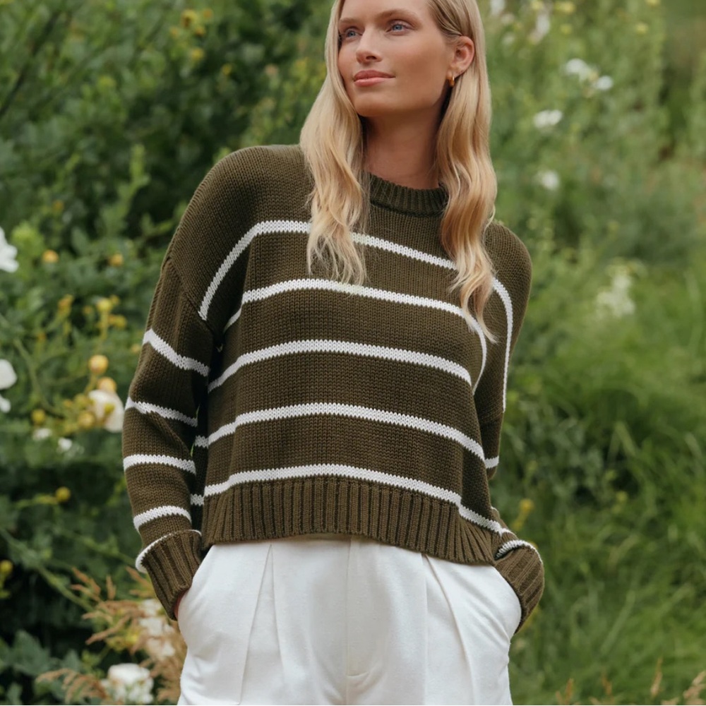 Jenni Kayne Chloe Crewneck Sweater in Army/Ivory Stripe - S